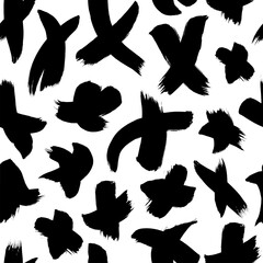 Grunge crosses with brush strokes vector seamless pattern. Black paint freehand scribbles, dry brush stroke texture.