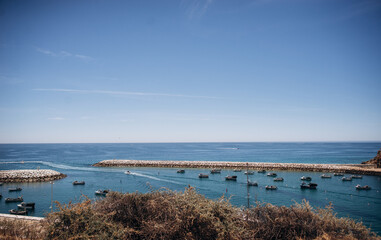 blue lagoon with boats. Many boats in the turquoise lagoon. fishing boats in the picturesque bay