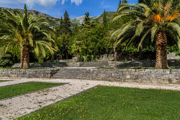 Landscaped garden near Famous Sveti Stefan Island. 6 kilometers southeast of Budva. Montenegro.