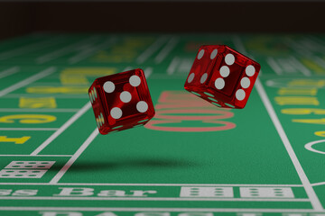 Close up of dice rolling on a craps table. Random concept. - obrazy, fototapety, plakaty