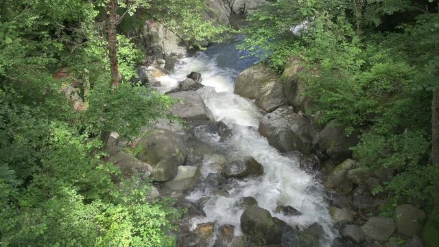 View from above of a beautiful mountain stream: it is laden with water that creates white foam beating among the gray rocks. The vegetation runs alongside the stream.