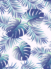 Fototapeta na wymiar Tropical vector seamless background with palm leaves and flowers. Vintage textile print .