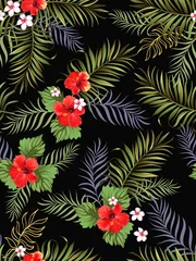 Fototapeten Tropische Blätter Tropical vector seamless background. Jungle pattern with exitic flowers, and palm leaves. Stock vector. Jungle vector vintage wallpaper  © Logunova  Elena