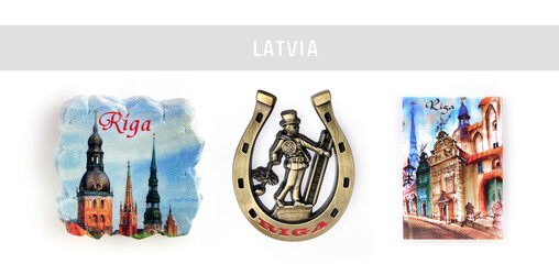 Souvenirs (magnets) from Riga (Latvia) isolated on white background. Design element with clipping path