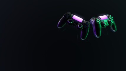 Two neon gamepads. Modern console controller 3d illustration. violet and green