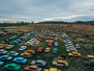 Old rusty abandoned retro cars, aerial view