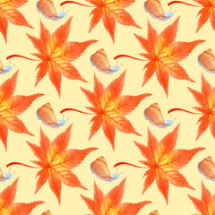 Fototapeta premium Seamless pattern with watercolor autumn maple leaves and snails. Perfect for greetings, invitations, manufacture wrapping paper, textile, wedding and web design.