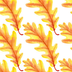 Seamless pattern with watercolor autumn oak leaves. Perfect for greetings, invitations, manufacture wrapping paper, textile, wedding and web design.