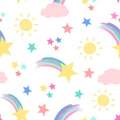 Seamless repeat pattern in pastel colors with shooting stars, rainbows, sunshine and clouds