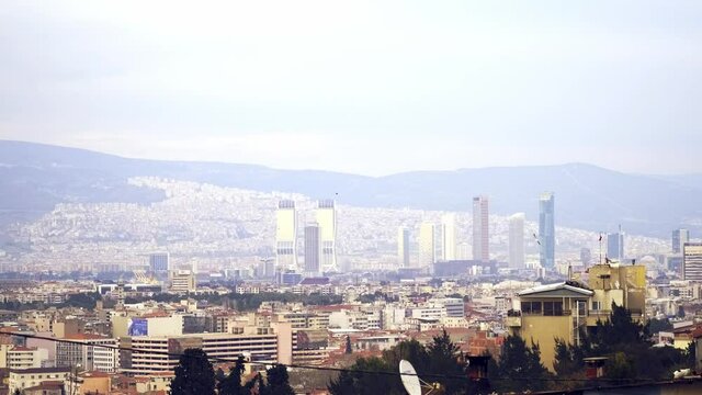 Izmir, Turkey - February 22, 2020. Izmir City view with Towers of Izmir up from varyant road Konak Izmir Turkey.