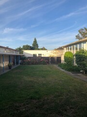 aged white buildings at golden hour