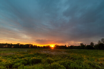 Naklejka na ściany i meble colorful sunset over the Polish meadow, marshes