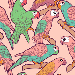 Vector Pastel Parrots Birds Seamless Pattern, Pink & Turquoise Themed Color.