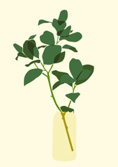 Vector illustration of the foliage and plant in vase on the yellow isolated background. Printable wall art poster.