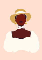 Vector illustration of beautiful black skin woman in the hat. Modern printable fashion poster.