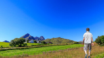 Hiking in Lofoten mountains, Nordland county