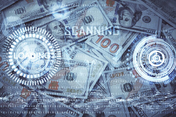 Double exposure of data theme drawing over us dollars bill background. Technology concept.