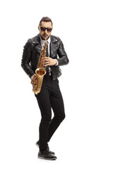 Man playing a saxophone and wearing sunglasses
