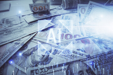Double exposure of data theme drawing over us dollars bill background. Technology concept.