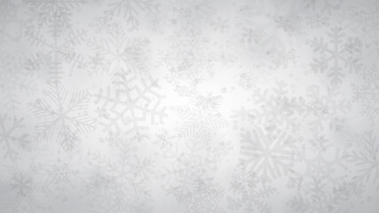 Christmas background of snowflakes of different shapes, sizes and transparency in white and gray colors