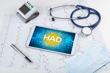 Close-up view of a tablet pc with HAD abbreviation, medical concept