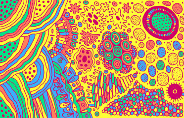 Colorful doodle pattern. Line artwork with abstract organic elements. Psychedelic zendoodle texture. Vector illustration