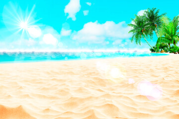 Sunny tropical Caribbean beach with palm trees and turquoise water, caribbean island vacation, hot summer day. 3D render.	
