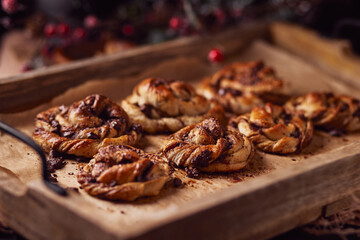 Cinnabon with chocolate as cake food concept. Close up view