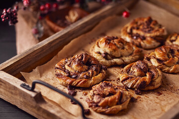 Cinnabon with chocolate as cake food concept. Close up view