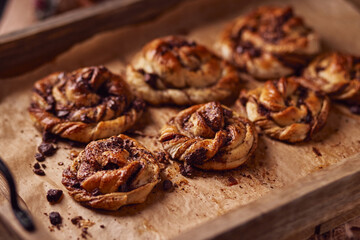 Cinnabon with chocolate as cake food concept. Close up view