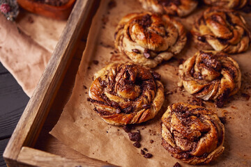 Cinnabon with chocolate as cake food concept. Close up view