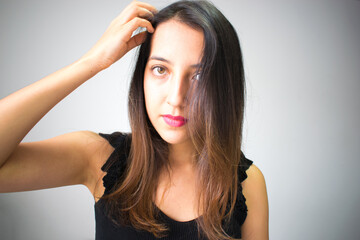 Fototapeta premium Young Woman wearing Black T-shirt and Red Lipstick