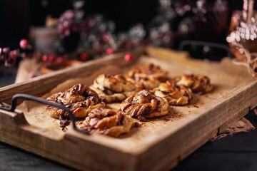 Cinnabon with chocolate as cake food concept. Close up view