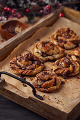 Cinnabon with chocolate as cake food concept. Close up view