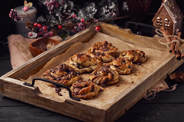 Cinnabon with chocolate as cake food concept. Close up view