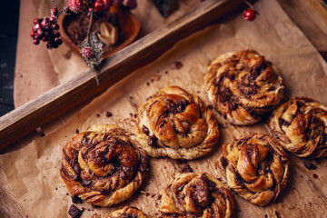 Cinnabon with chocolate as cake food concept. Close up view
