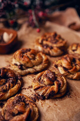 Cinnabon with chocolate as cake food concept. Close up view