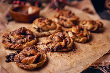 Cinnabon with chocolate as cake food concept. Close up view