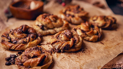 Cinnabon with chocolate as cake food concept. Close up view