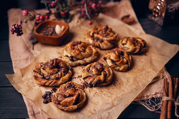 Cinnabon with chocolate as cake food concept. Close up view