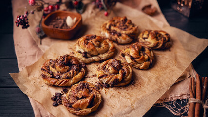 Cinnabon with chocolate as cake food concept. Close up view