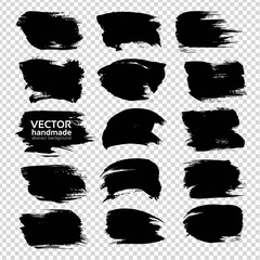 Textured abstract black strokes set isolated on imitation transparent background