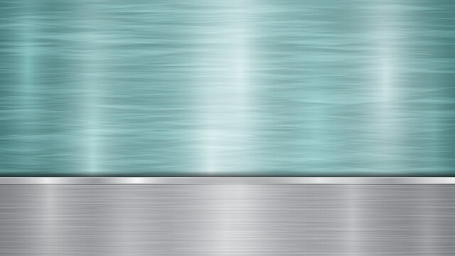 Background consisting of a light blue shiny metallic surface and one horizontal polished silver plate located below, with a metal texture, glares and burnished edges