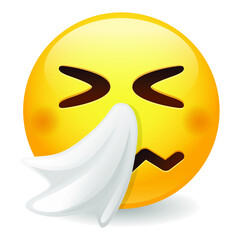Sneezing face emoji with tissue. Face emoticon allergies. Vector design illustration. Virus flu disease icon. 