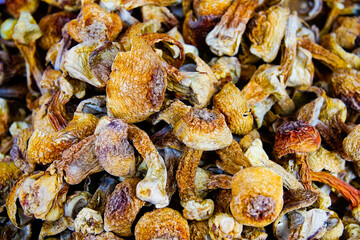 dried Nameko mushrooms on a market stall