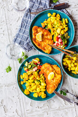 Hausgemachtes paniertes deutsches Weiner Schnitzel mit Kartoffeln

