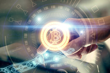 Double exposure of man's hands holding and using a phone and crypto currency blockchain theme drawing.