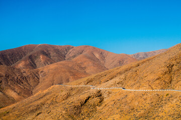 Landscape of Panoramic vulcanic mountains and Atlantic Ocean ,  dunes of coralejo and Gran Tarajal Port in Fuerteventura, Lanzarote 