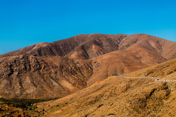 Landscape of Panoramic vulcanic mountains and Atlantic Ocean ,  dunes of coralejo and Gran Tarajal Port in Fuerteventura, Lanzarote 