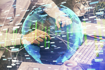 Double exposure of man's hands holding and using a phone and international business theme drawing.